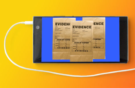 An orange background with the image of a cell phone with earbud cord attached. Three evidence envelopes appear on the screen of the cell phone.